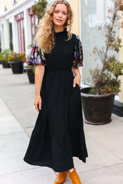 Black Floral Sequin Puff Sleeve Mock Neck Tiered Maxi Dress | Daverri Fashions