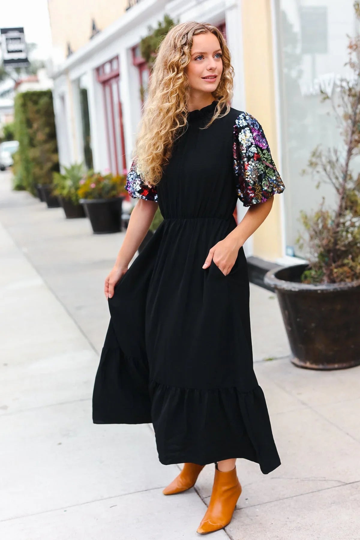Black Floral Sequin Puff Sleeve Mock Neck Tiered Maxi Dress | Daverri Fashions