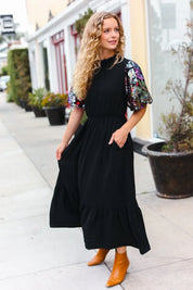 Black Floral Sequin Puff Sleeve Mock Neck Tiered Maxi Dress | Daverri Fashions