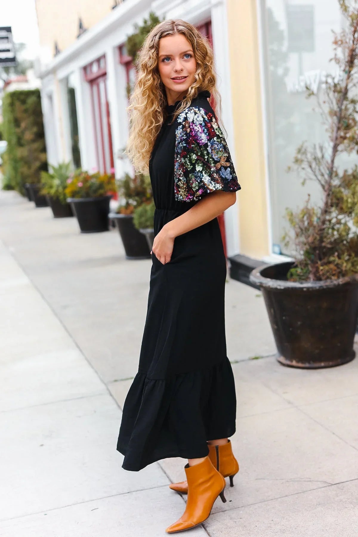 Black Floral Sequin Puff Sleeve Mock Neck Tiered Maxi Dress | Daverri Fashions