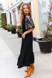 Black Floral Sequin Puff Sleeve Mock Neck Tiered Maxi Dress | Daverri Fashions