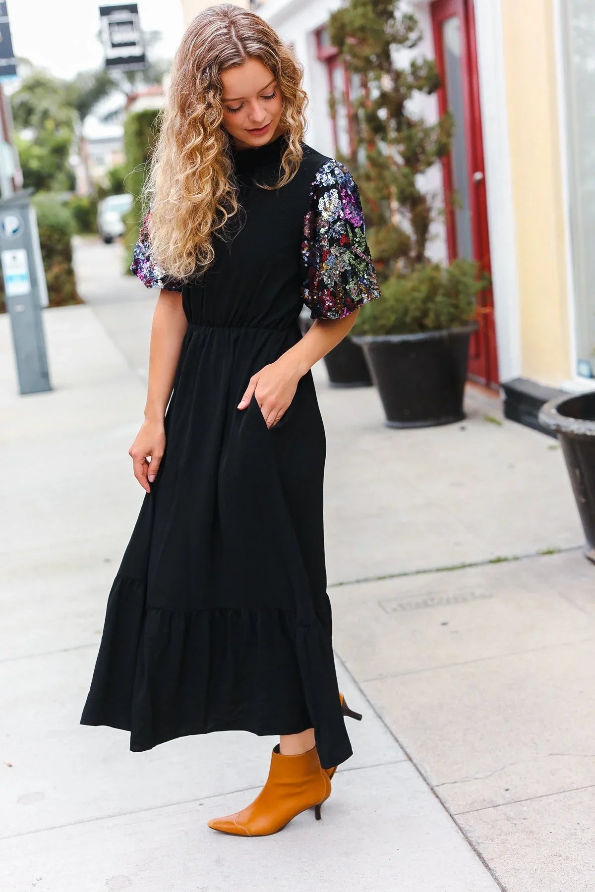 Black Floral Sequin Puff Sleeve Mock Neck Tiered Maxi Dress | Daverri Fashions