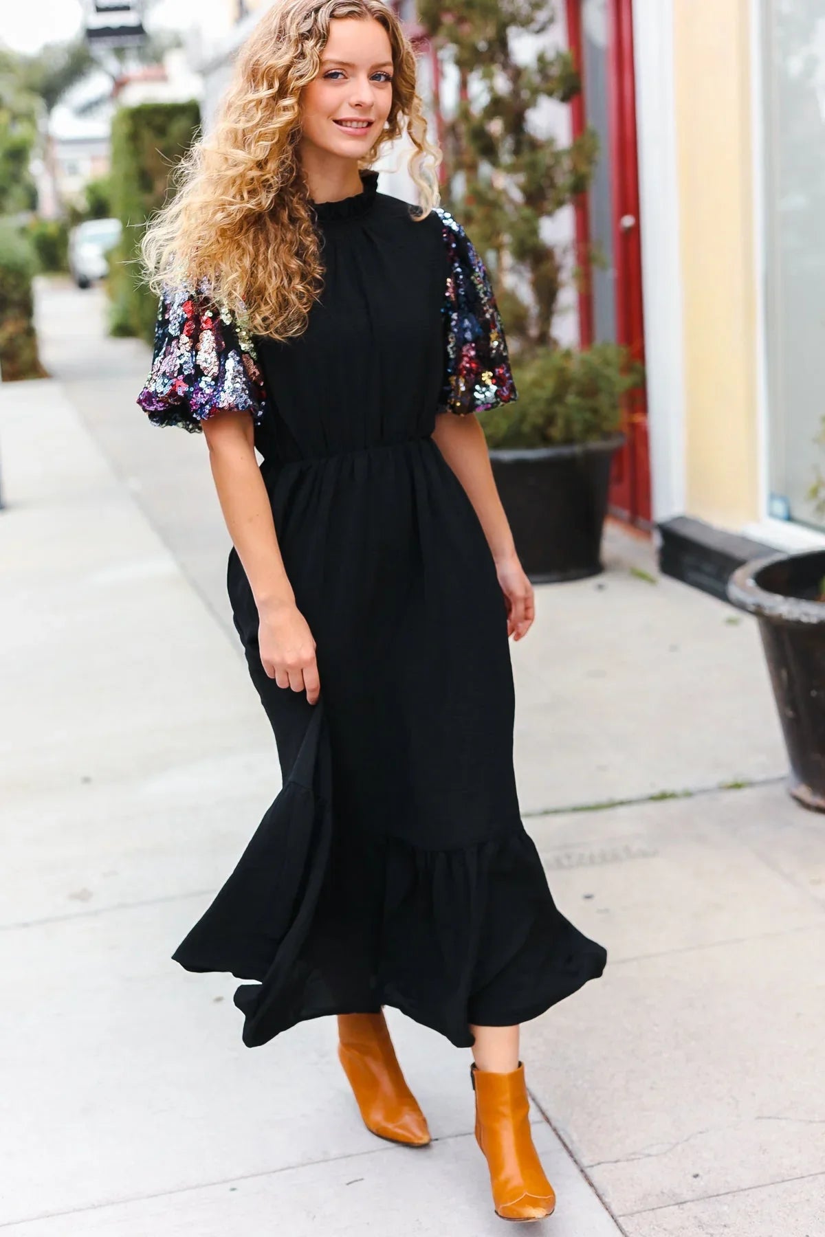 Black Floral Sequin Puff Sleeve Mock Neck Tiered Maxi Dress | Daverri Fashions