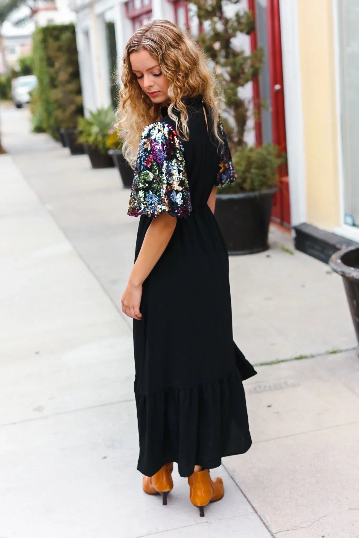 Black Floral Sequin Puff Sleeve Mock Neck Tiered Maxi Dress | Daverri Fashions
