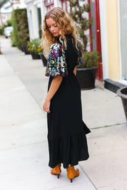 Black Floral Sequin Puff Sleeve Mock Neck Tiered Maxi Dress | Daverri Fashions
