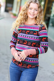 Christmas Ready Black & Fuchsia Reindeer Print Thermal Top | Daverri Fashions