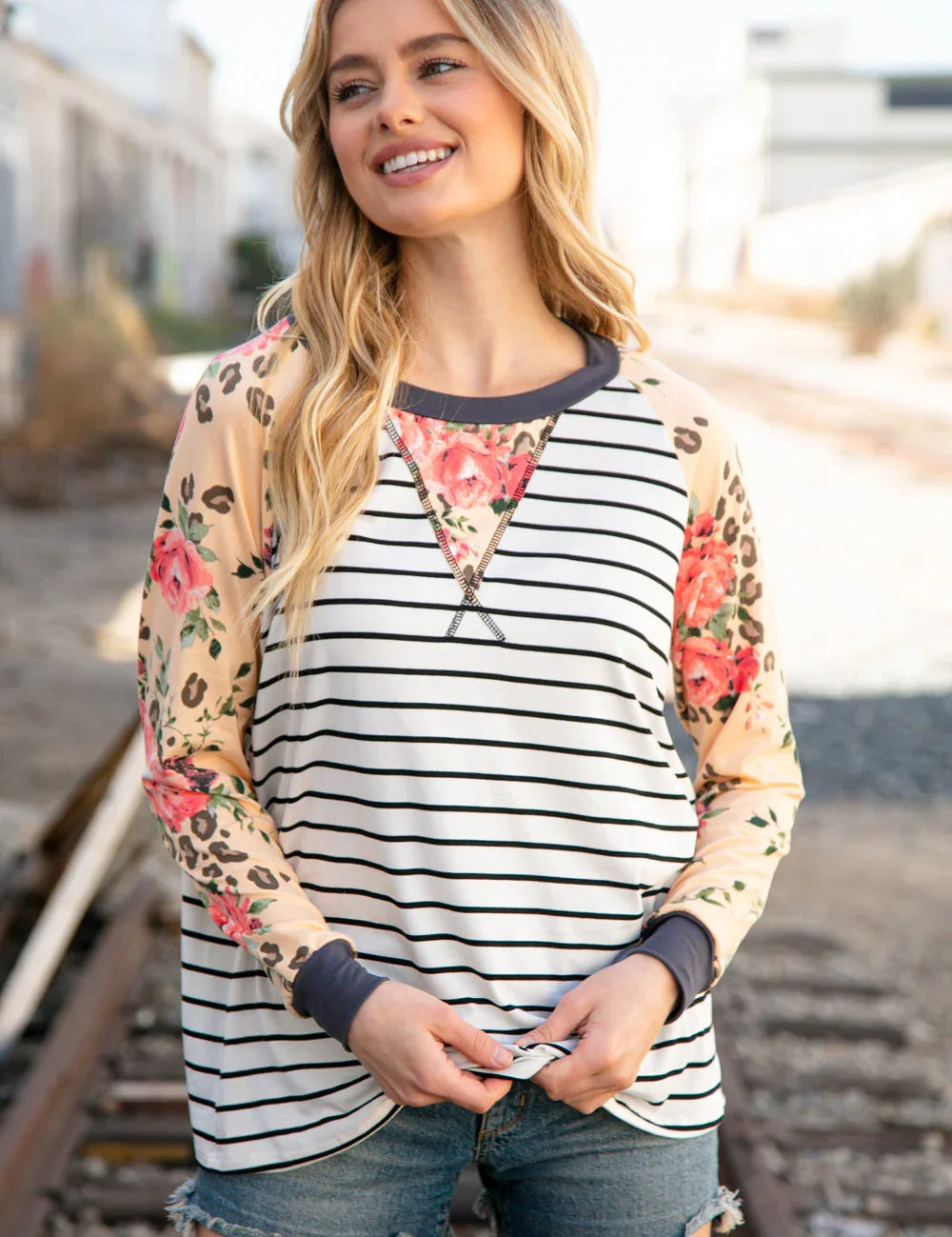 Stripe and Peach Leopard Floral Color Block Top | Daverri Fashions
