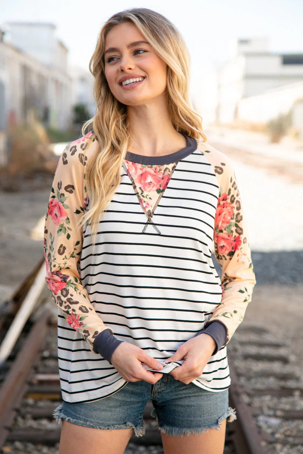 Stripe and Peach Leopard Floral Color Block Top | Daverri Fashions