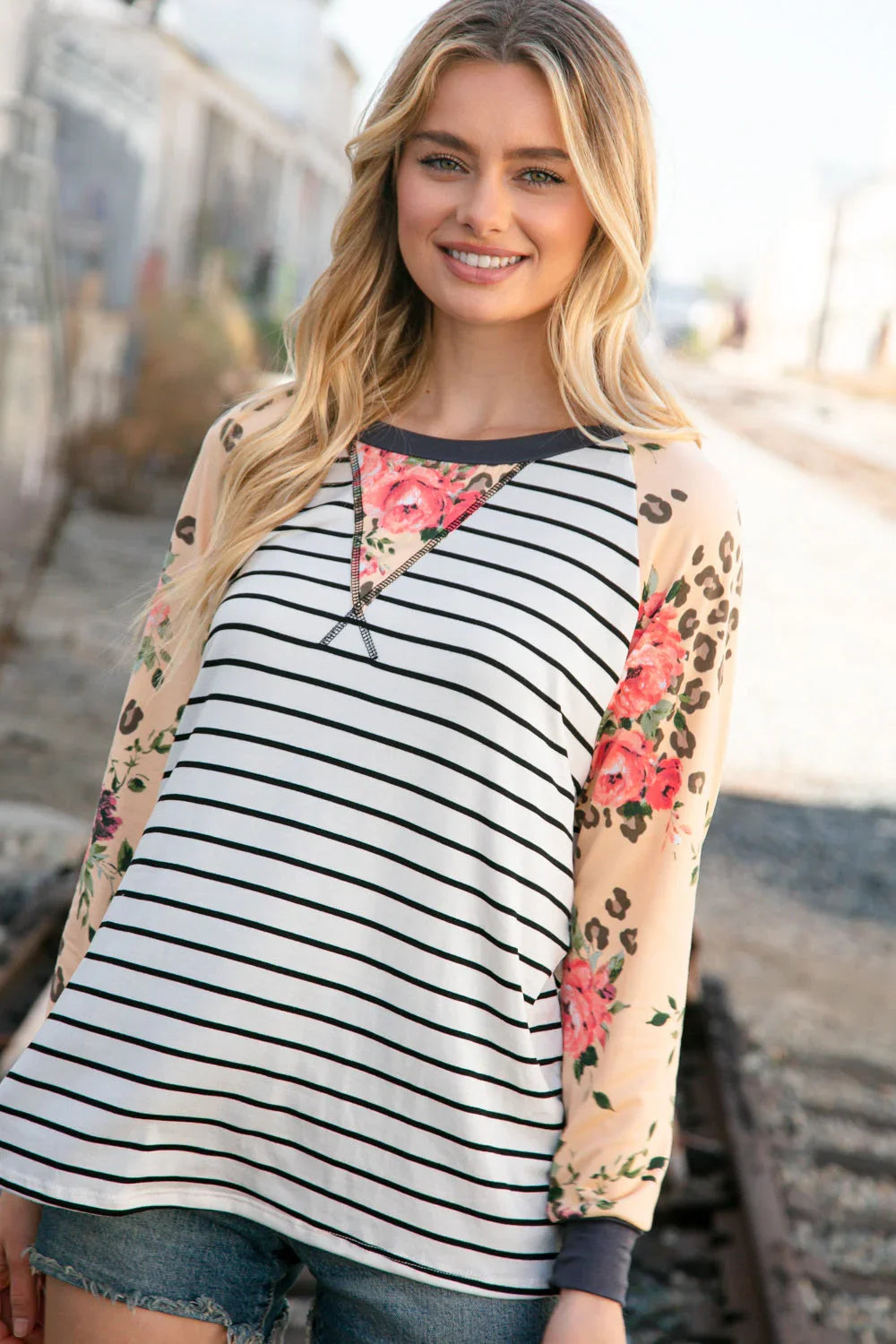 Stripe and Peach Leopard Floral Color Block Top | Daverri Fashions
