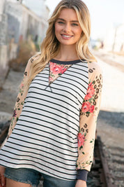 Stripe and Peach Leopard Floral Color Block Top | Daverri Fashions