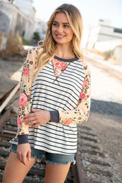 Stripe and Peach Leopard Floral Color Block Top | Daverri Fashions