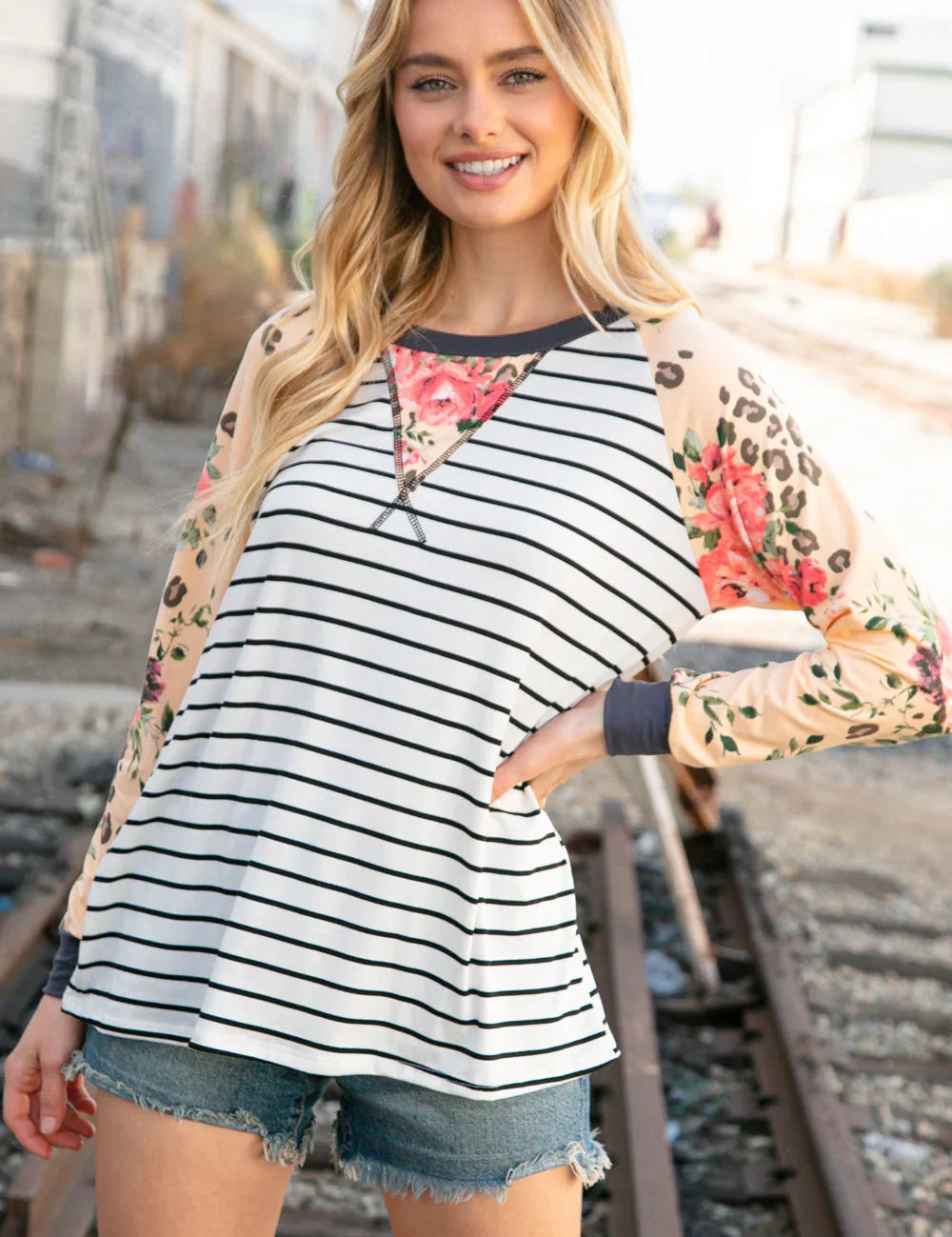 Stripe and Peach Leopard Floral Color Block Top | Daverri Fashions