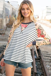 Stripe and Peach Leopard Floral Color Block Top | Daverri Fashions