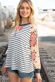 Stripe and Peach Leopard Floral Color Block Top | Daverri Fashions