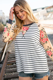 Stripe and Peach Leopard Floral Color Block Top | Daverri Fashions