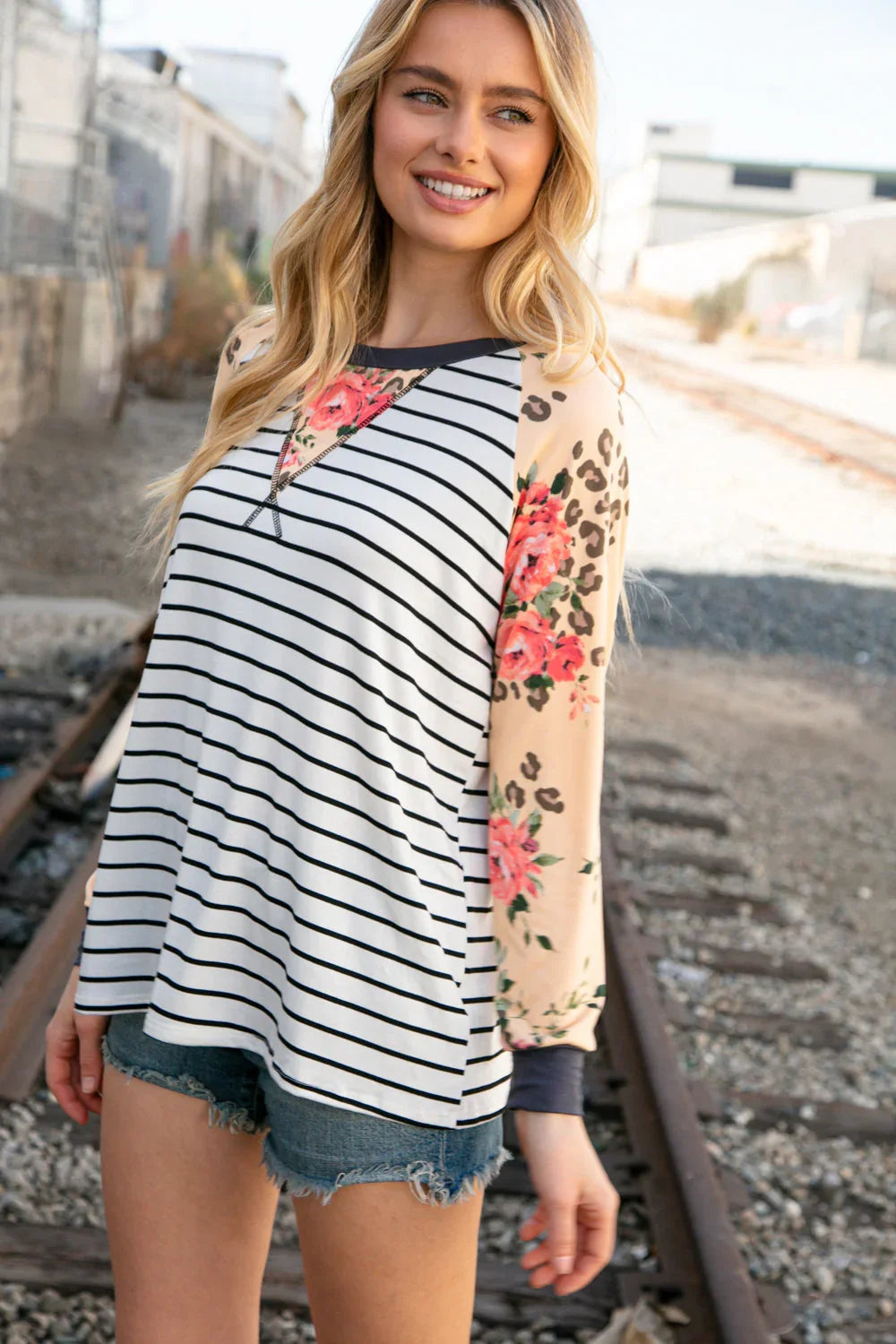 Stripe and Peach Leopard Floral Color Block Top | Daverri Fashions