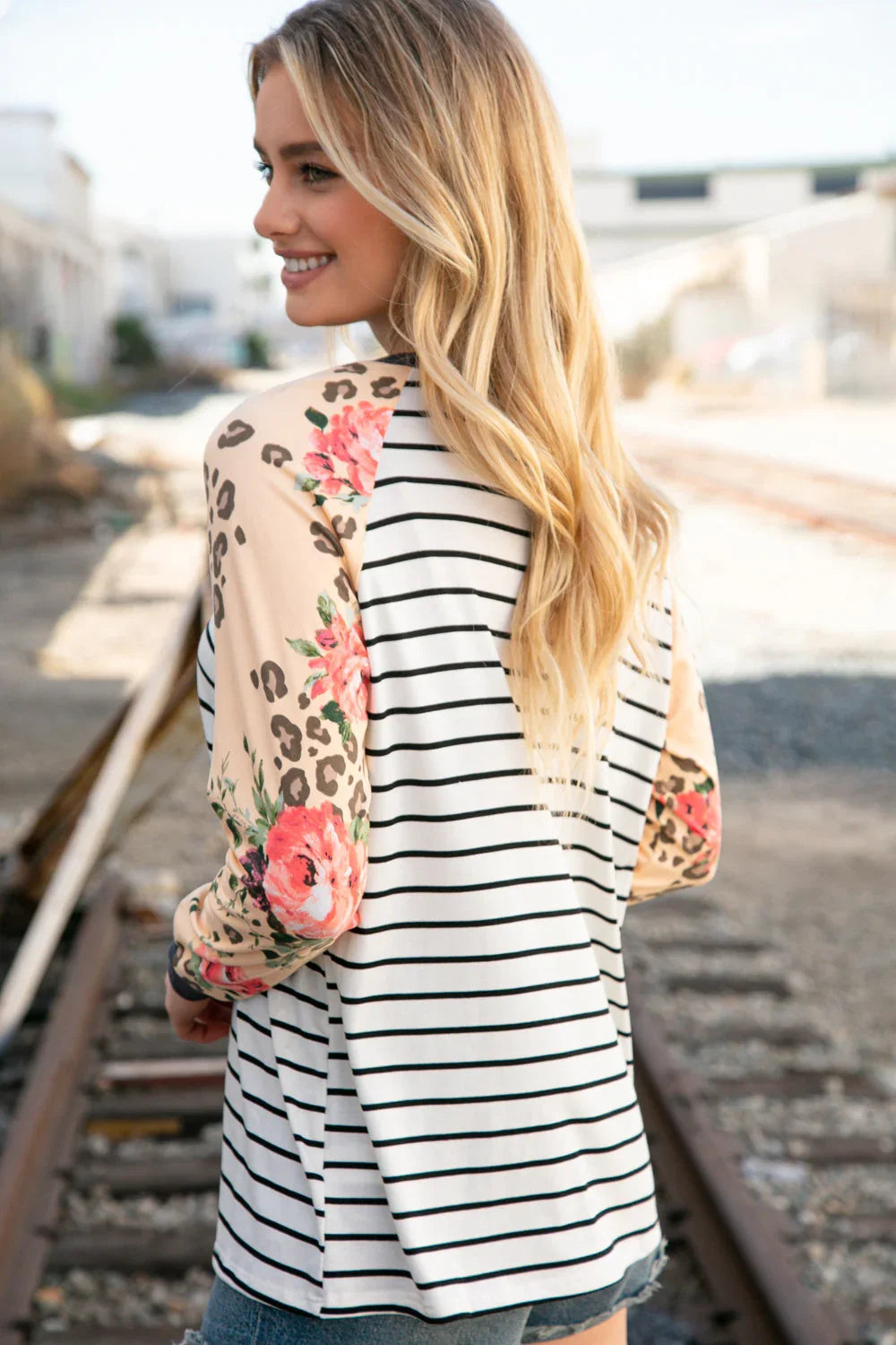 Stripe and Peach Leopard Floral Color Block Top | Daverri Fashions