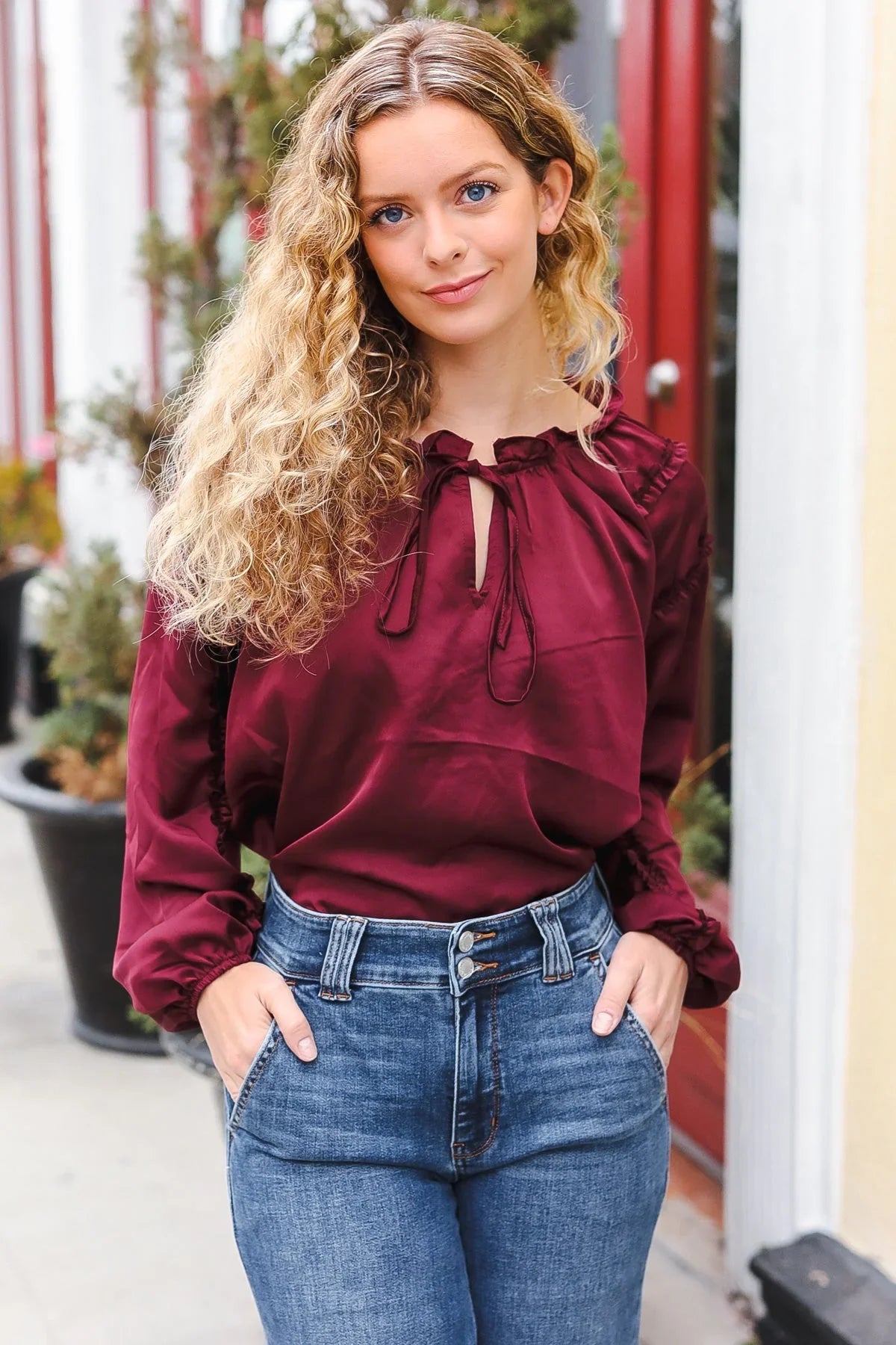 Holiday Vibes Burgundy Frill Detail Tie Neck Satin Top | Daverri Fashions
