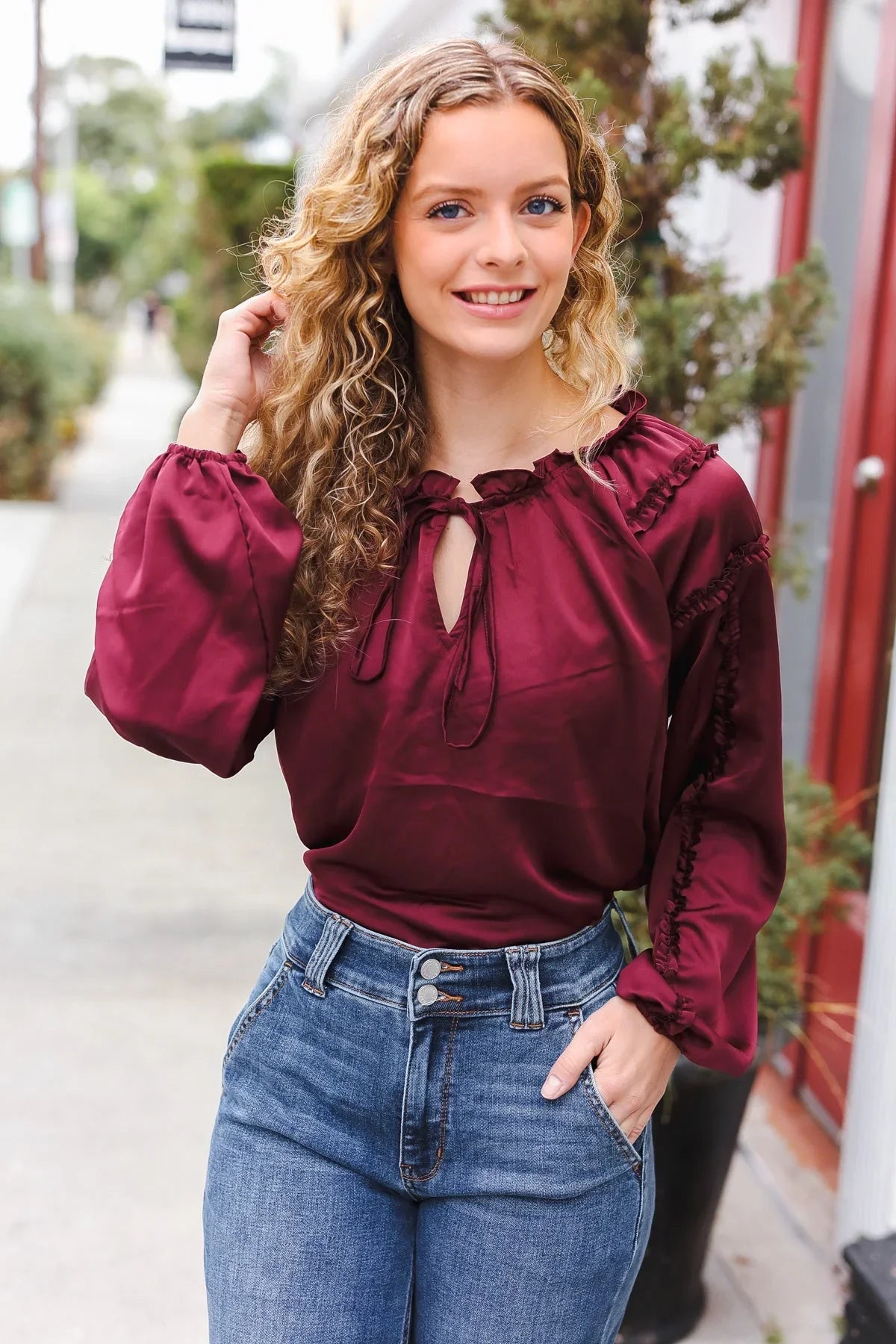 Holiday Vibes Burgundy Frill Detail Tie Neck Satin Top | Daverri Fashions
