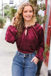 Holiday Vibes Burgundy Frill Detail Tie Neck Satin Top | Daverri Fashions