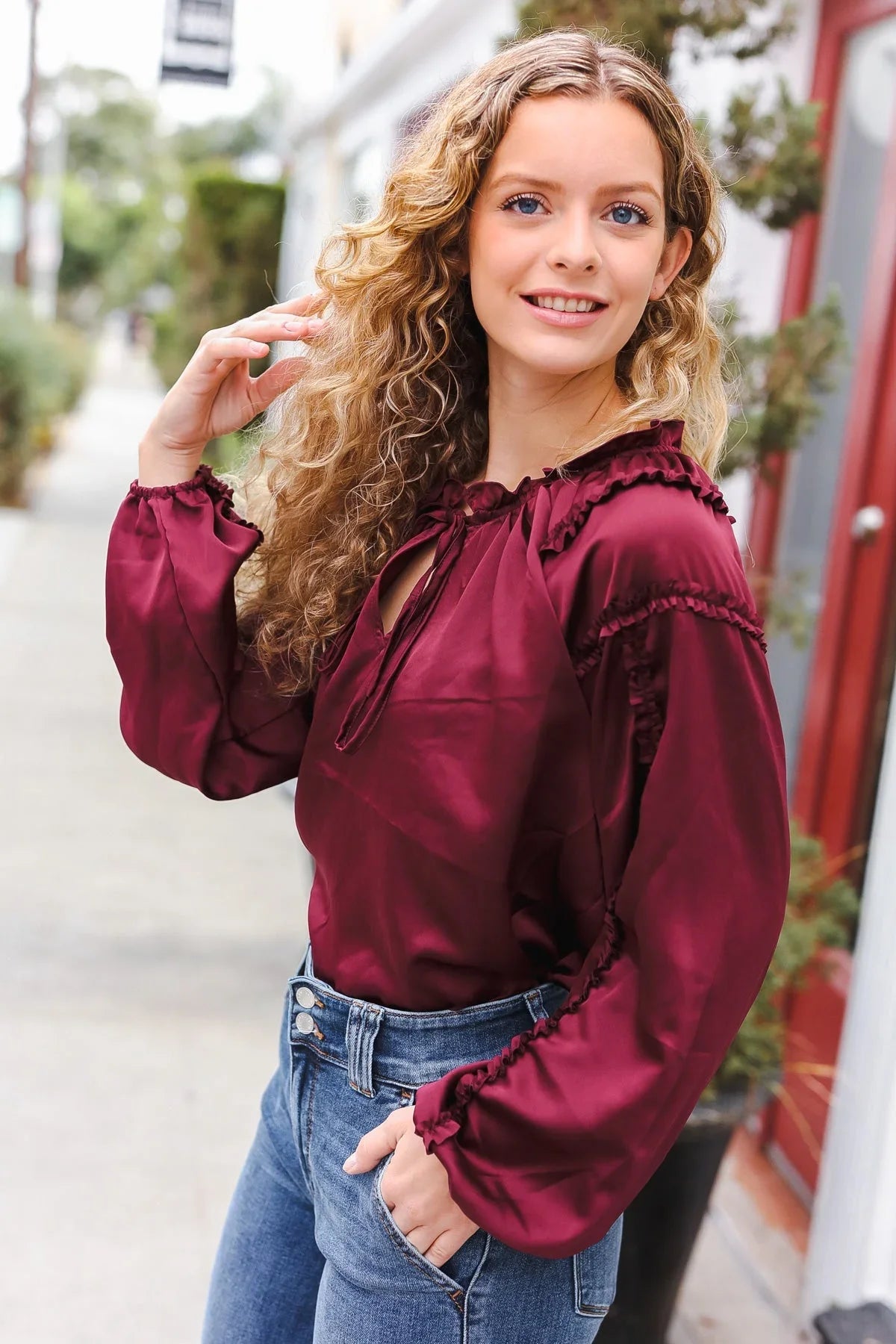 Holiday Vibes Burgundy Frill Detail Tie Neck Satin Top | Daverri Fashions