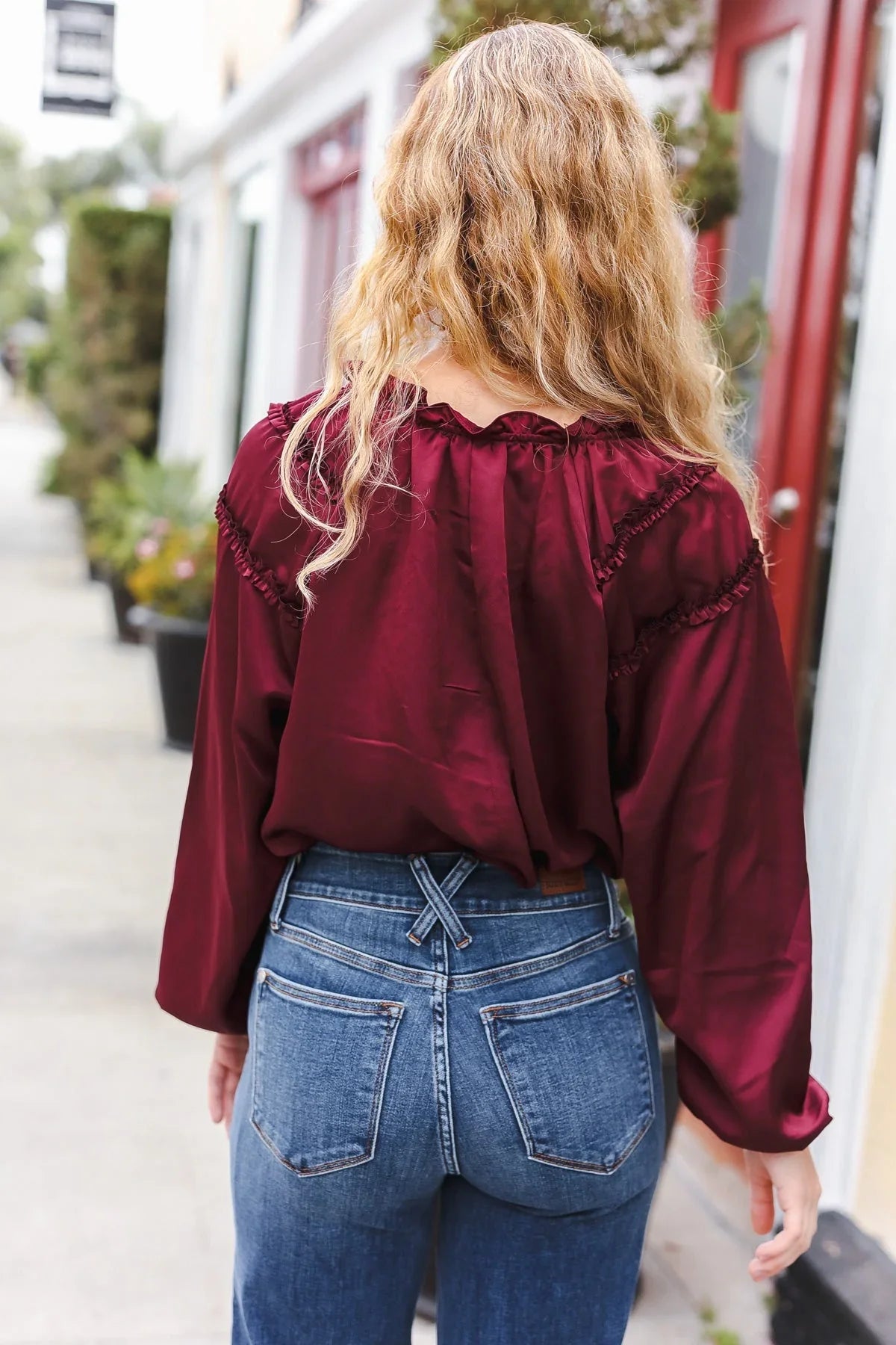 Holiday Vibes Burgundy Frill Detail Tie Neck Satin Top | Daverri Fashions