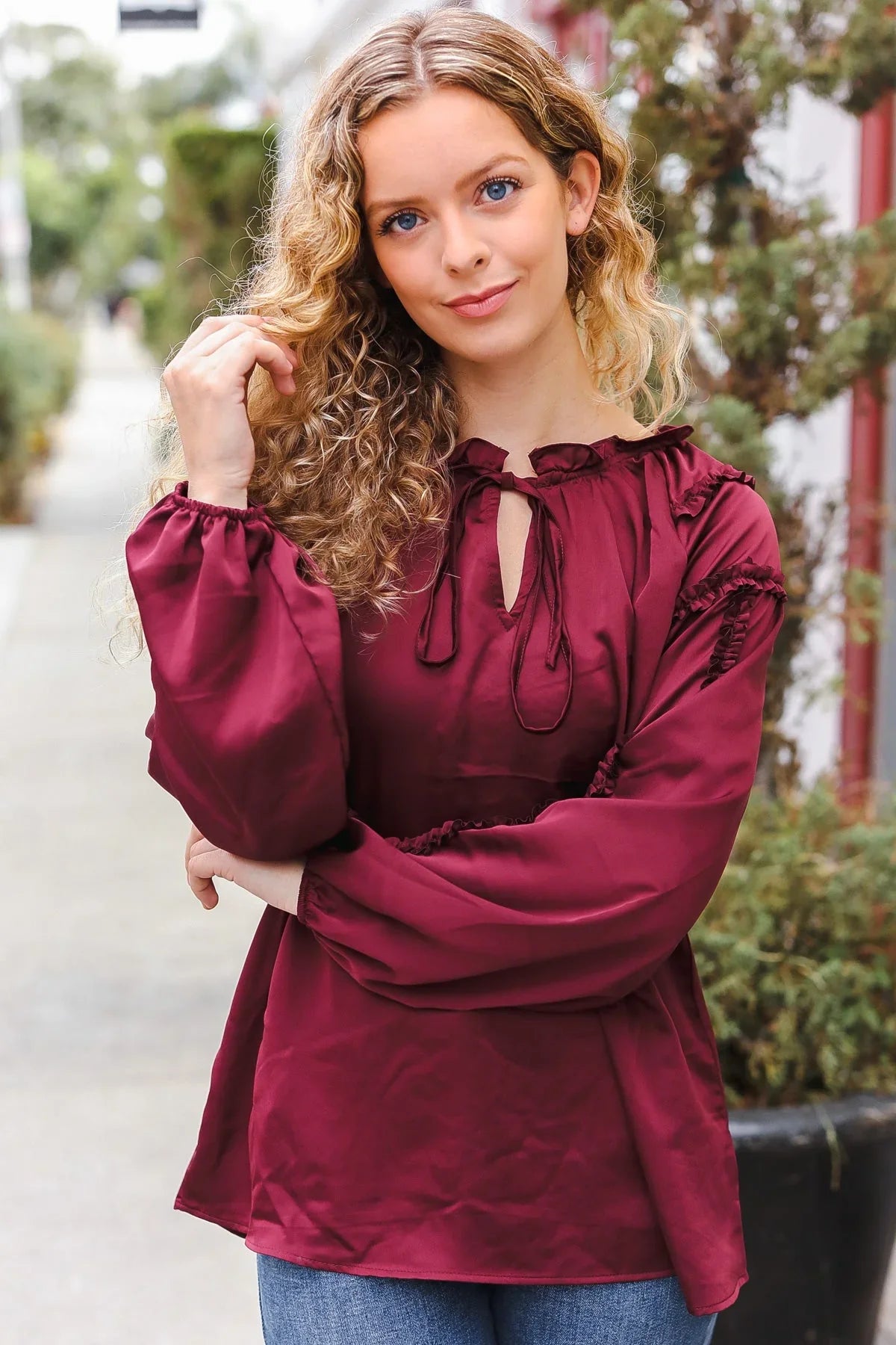 Holiday Vibes Burgundy Frill Detail Tie Neck Satin Top | Daverri Fashions
