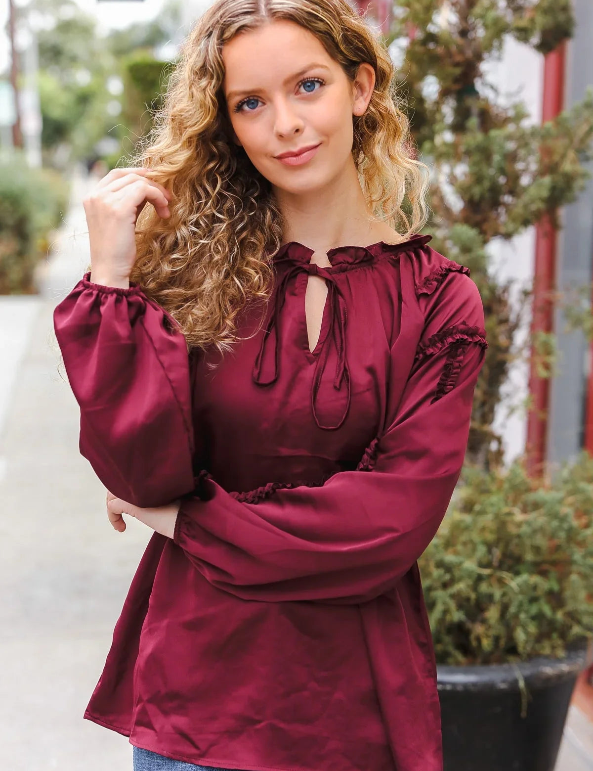 Holiday Vibes Burgundy Frill Detail Tie Neck Satin Top | Daverri Fashions