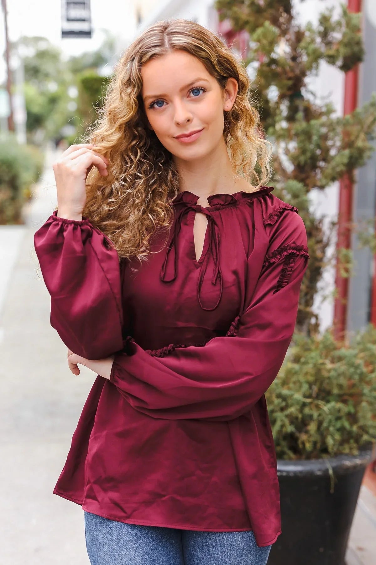 Holiday Vibes Burgundy Frill Detail Tie Neck Satin Top | Daverri Fashions