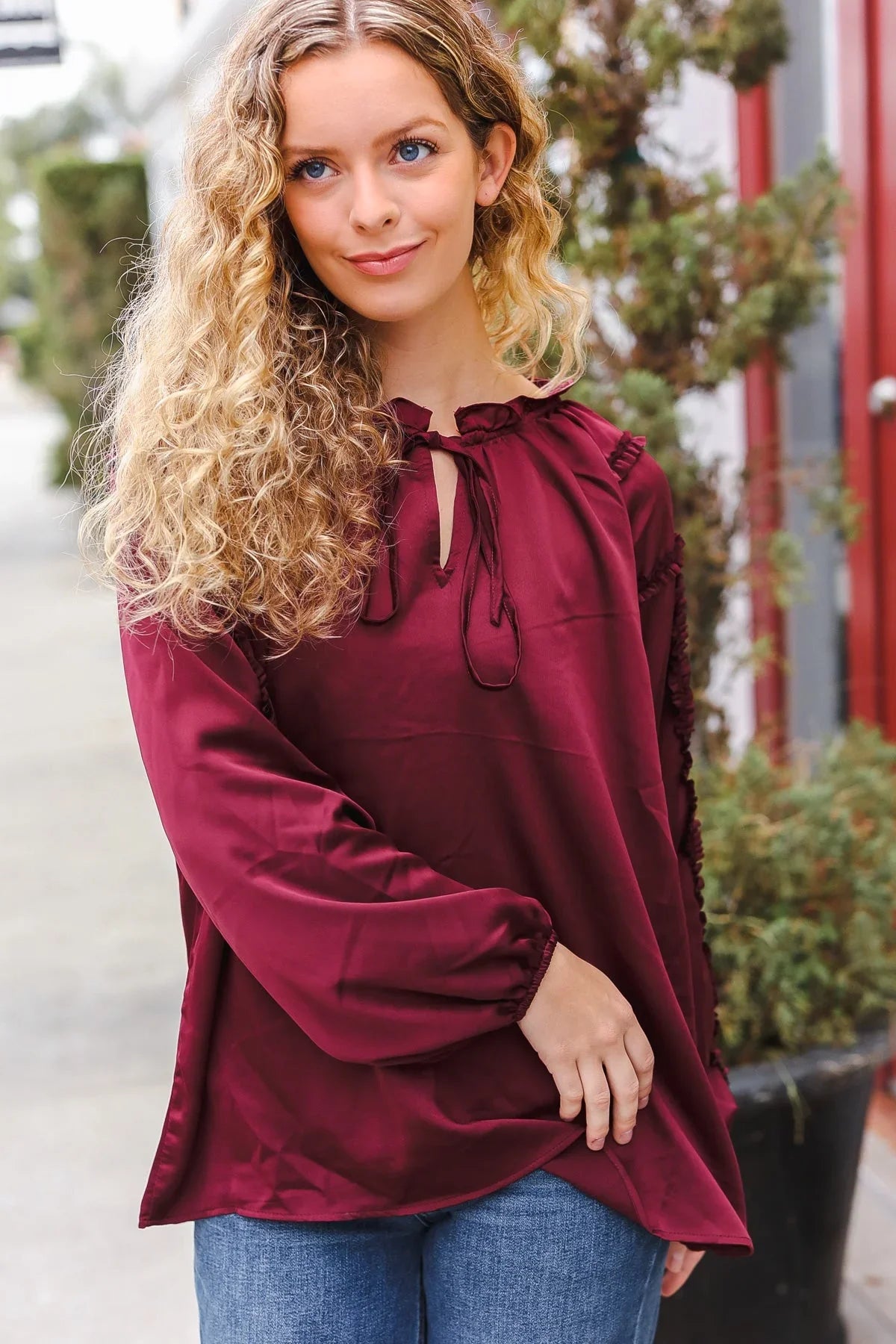 Holiday Vibes Burgundy Frill Detail Tie Neck Satin Top | Daverri Fashions