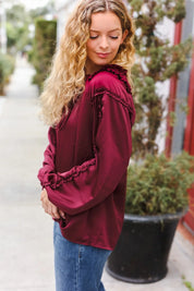 Holiday Vibes Burgundy Frill Detail Tie Neck Satin Top | Daverri Fashions