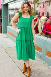 Lots To Love Kelly Green Smocked Flutter Sleeve Tiered Midi Dress | 2024 Summer Blow Out Sale Daverri Fashions