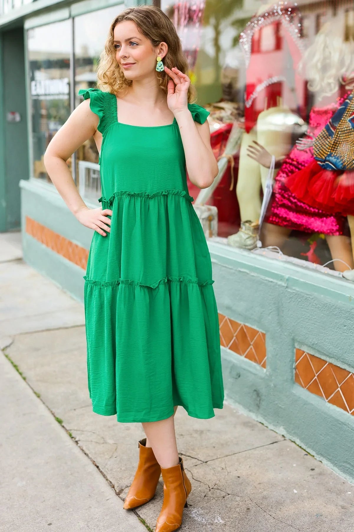 Lots To Love Kelly Green Smocked Flutter Sleeve Tiered Midi Dress | 2024 Summer Blow Out Sale Daverri Fashions