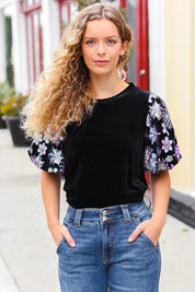 Feeling Glamorous Black Floral Sequin Puff Sleeve Velvet Top | 2024 Blow-Out Sale Daverri Fashions