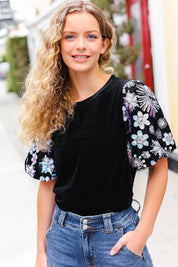 Feeling Glamorous Black Floral Sequin Puff Sleeve Velvet Top | 2024 Blow-Out Sale Daverri Fashions