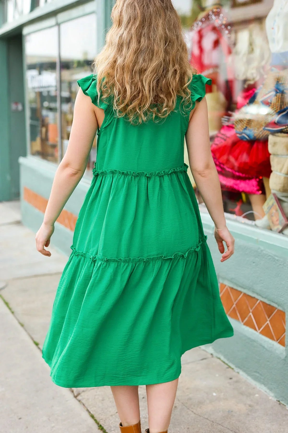 Lots To Love Kelly Green Smocked Flutter Sleeve Tiered Midi Dress | 2024 Summer Blow Out Sale Daverri Fashions