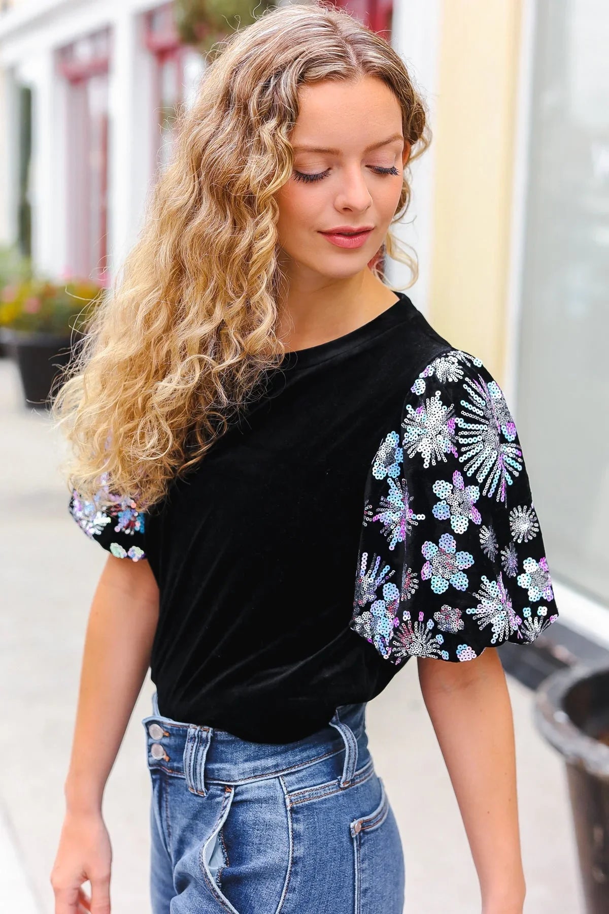 Feeling Glamorous Black Floral Sequin Puff Sleeve Velvet Top | 2024 Blow-Out Sale Daverri Fashions