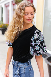 Feeling Glamorous Black Floral Sequin Puff Sleeve Velvet Top | 2024 Blow-Out Sale Daverri Fashions