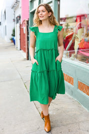 Lots To Love Kelly Green Smocked Flutter Sleeve Tiered Midi Dress | 2024 Summer Blow Out Sale Daverri Fashions
