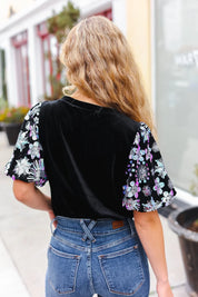 Feeling Glamorous Black Floral Sequin Puff Sleeve Velvet Top | 2024 Blow-Out Sale Daverri Fashions
