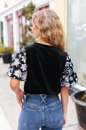 Feeling Glamorous Black Floral Sequin Puff Sleeve Velvet Top | 2024 Blow-Out Sale Daverri Fashions
