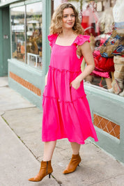 Lots To Love Fuchsia Smocked Flutter Sleeve Tiered Midi Dress | Daverri Fashions