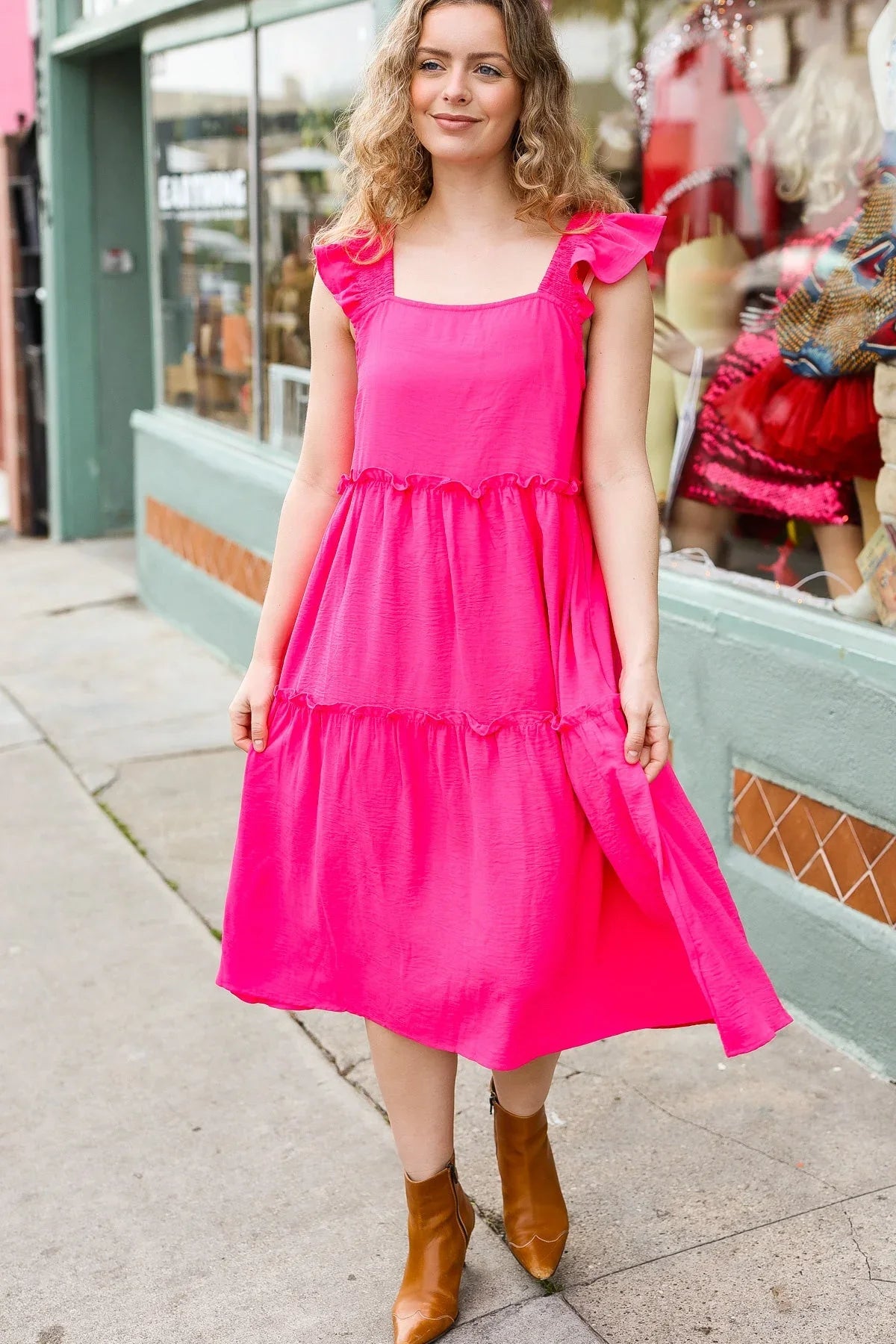 Lots To Love Fuchsia Smocked Flutter Sleeve Tiered Midi Dress | Daverri Fashions