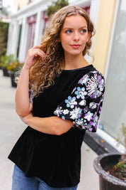 Feeling Glamorous Black Floral Sequin Puff Sleeve Velvet Top | 2024 Blow-Out Sale Daverri Fashions