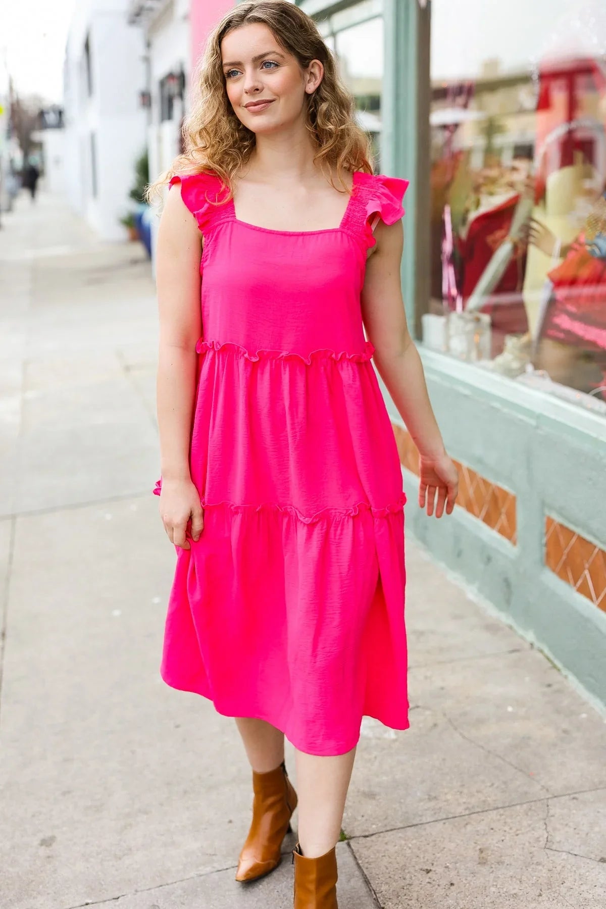 Lots To Love Fuchsia Smocked Flutter Sleeve Tiered Midi Dress | Daverri Fashions