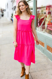 Lots To Love Fuchsia Smocked Flutter Sleeve Tiered Midi Dress | Daverri Fashions