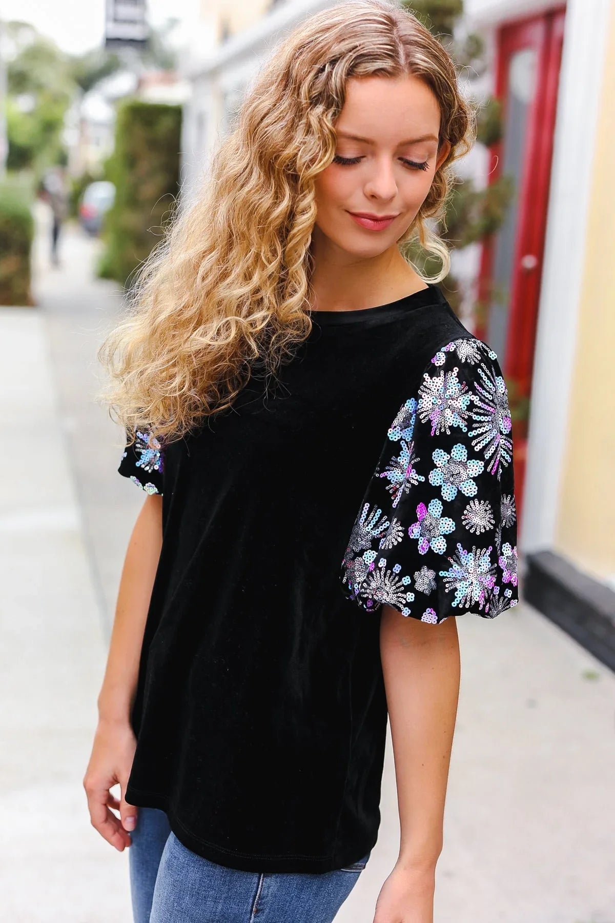 Feeling Glamorous Black Floral Sequin Puff Sleeve Velvet Top | 2024 Blow-Out Sale Daverri Fashions