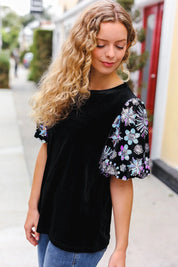 Feeling Glamorous Black Floral Sequin Puff Sleeve Velvet Top | 2024 Blow-Out Sale Daverri Fashions