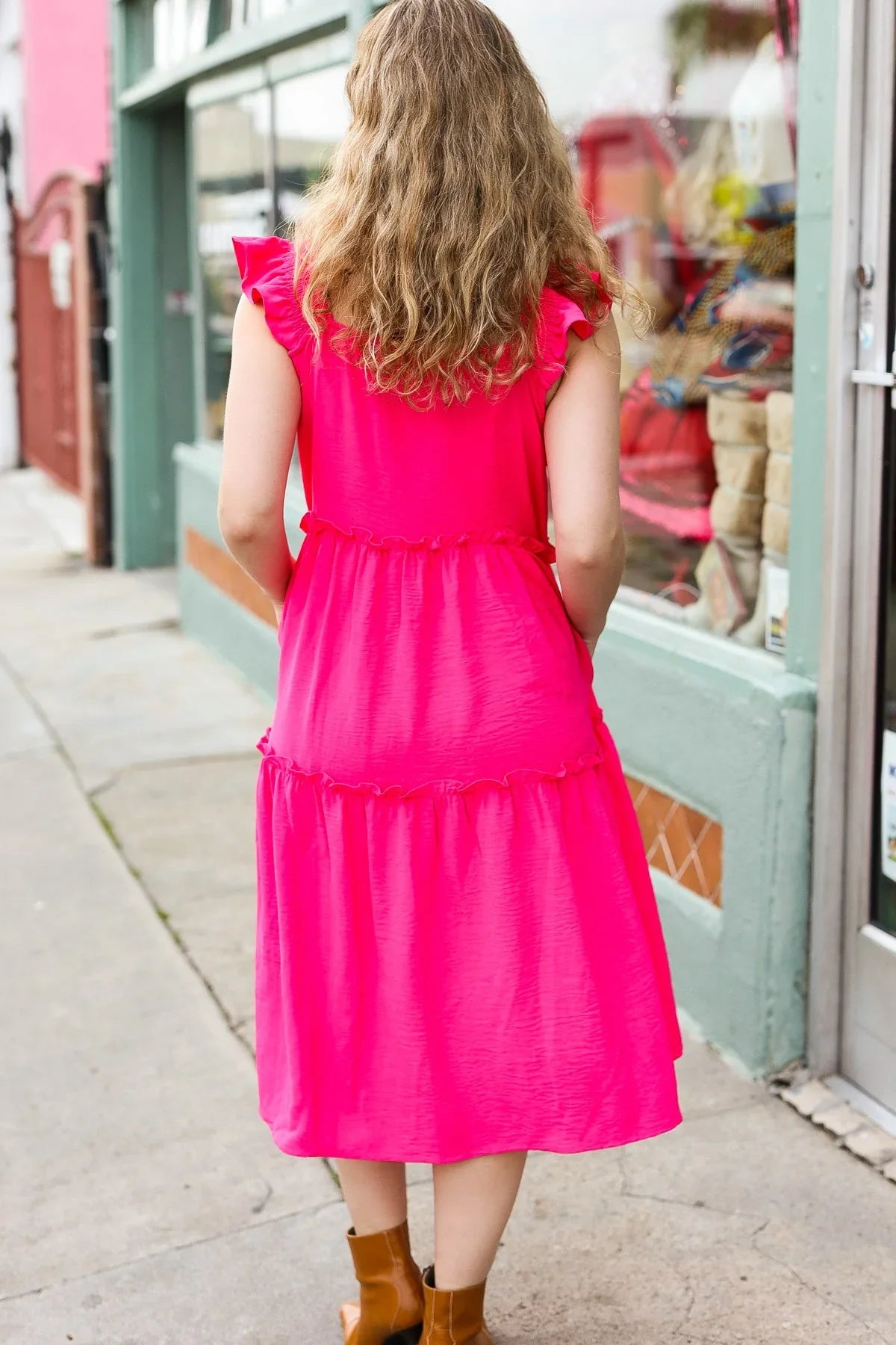 Lots To Love Fuchsia Smocked Flutter Sleeve Tiered Midi Dress | Daverri Fashions