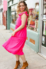 Lots To Love Fuchsia Smocked Flutter Sleeve Tiered Midi Dress | Daverri Fashions
